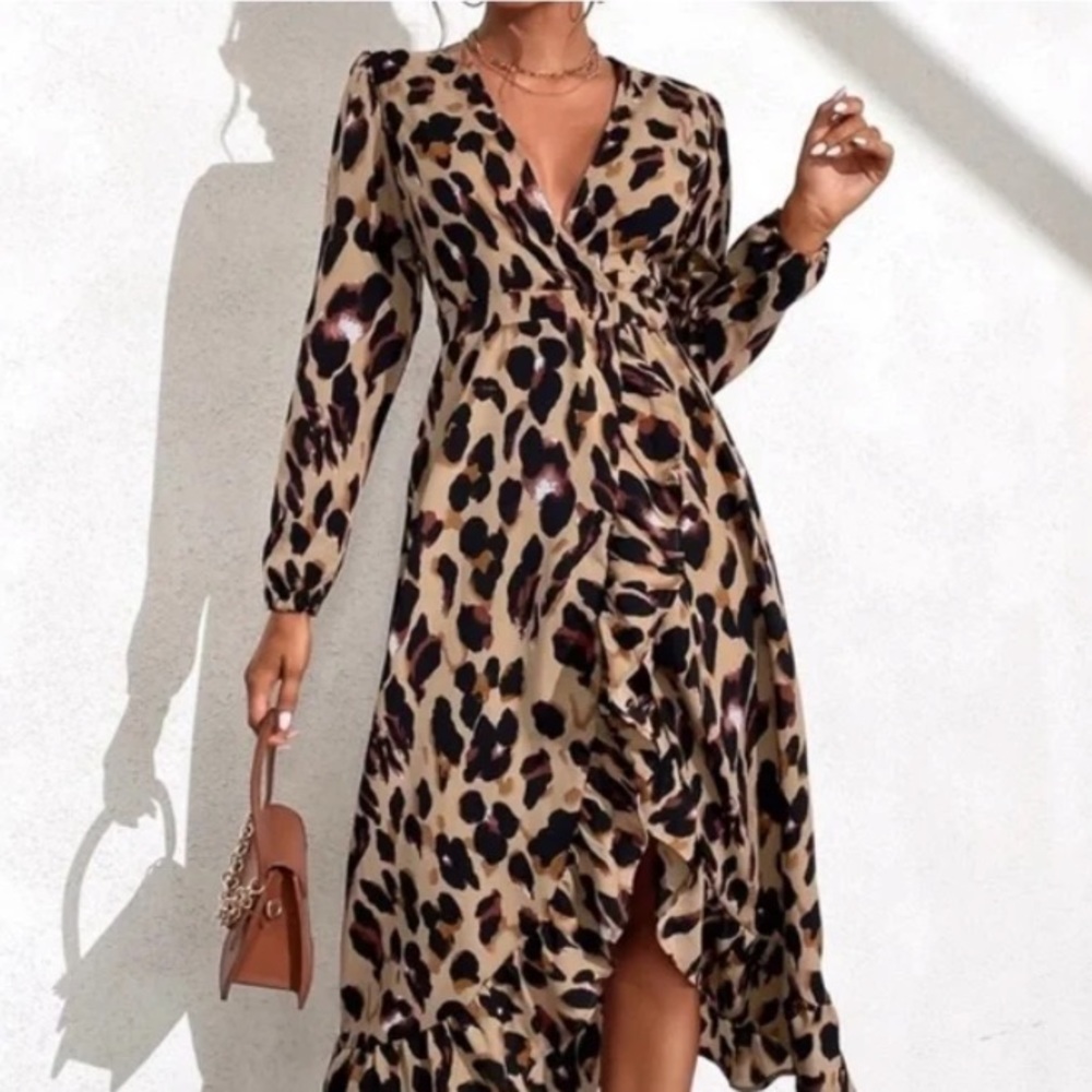 Boho Camel Leopard Print Wrap Ruffle Hem Maxi Dre… - image 5